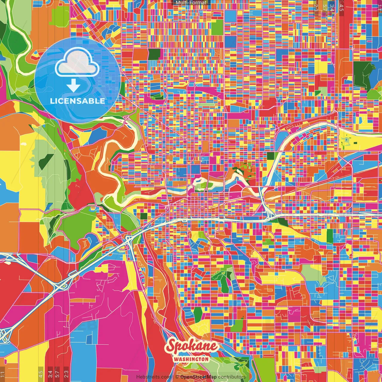Spokane, Washington, United States Crazy Colorful Street Map Poster Template