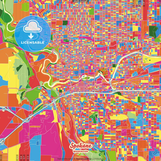 Spokane, Washington, United States Crazy Colorful Street Map Poster Template