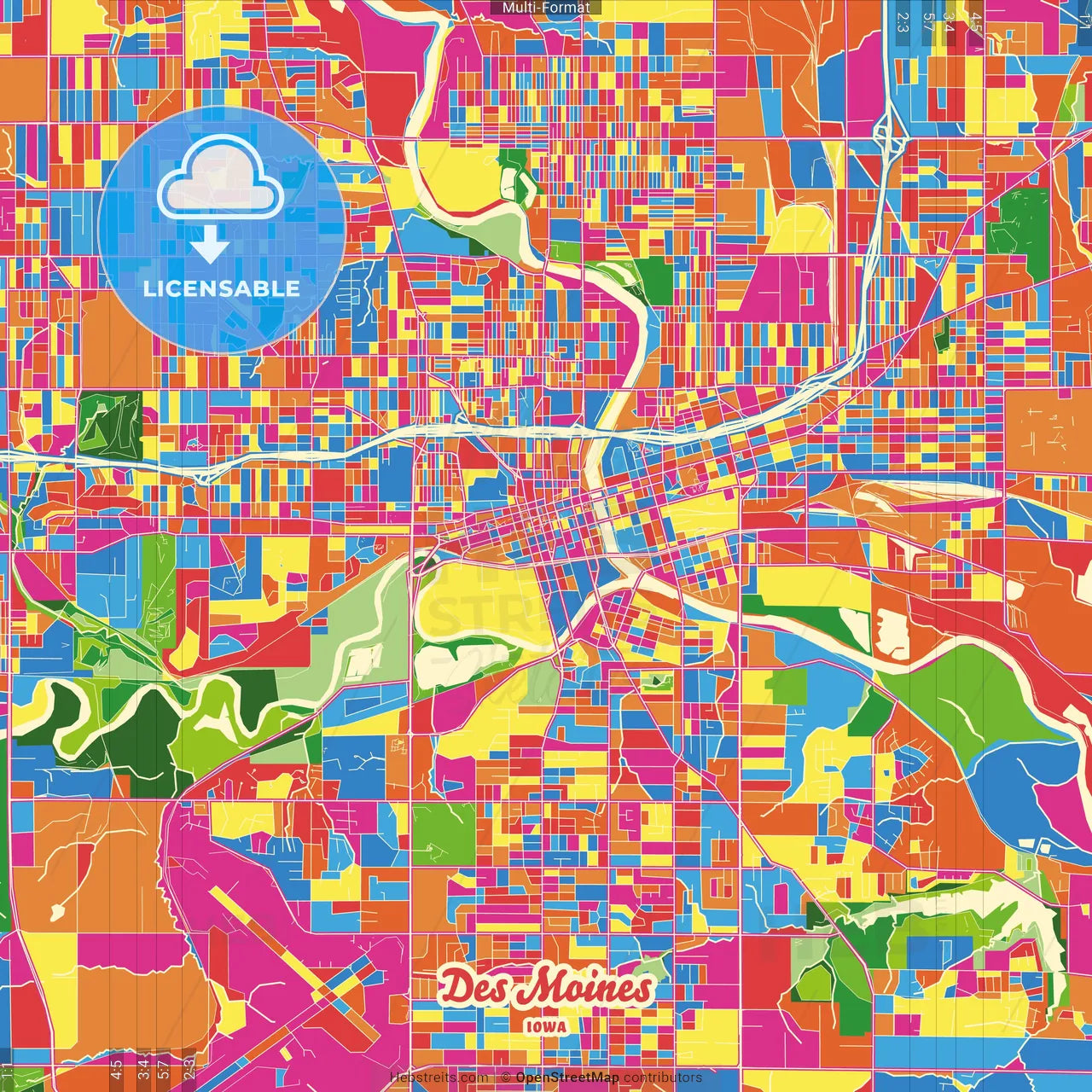 Des Moines, Iowa, United States Crazy Colorful Street Map Poster Template