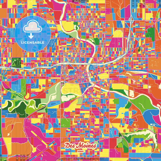 Des Moines, Iowa, United States Crazy Colorful Street Map Poster Template