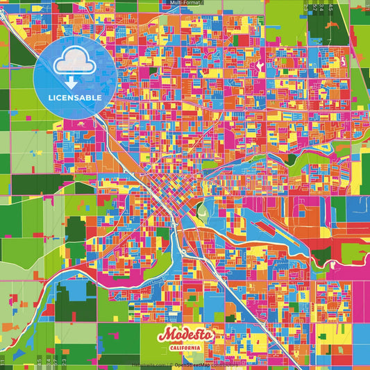 Modesto, California, United States Crazy Colorful Street Map Poster Template