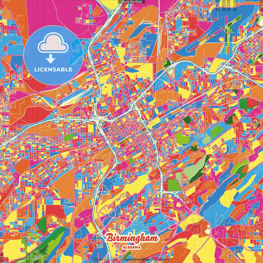 Birmingham, Alabama, United States Crazy Colorful Street Map Poster Template