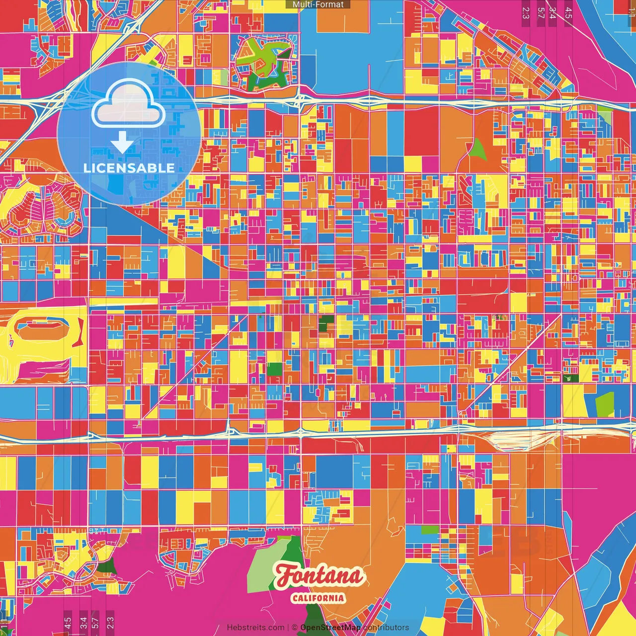 Fontana, California, United States Crazy Colorful Street Map Poster Template