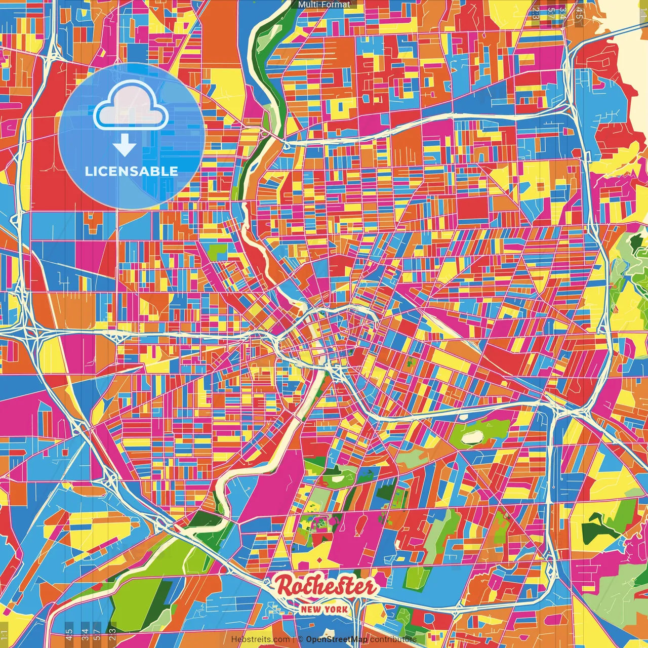 Rochester, New York, United States Crazy Colorful Street Map Poster Template