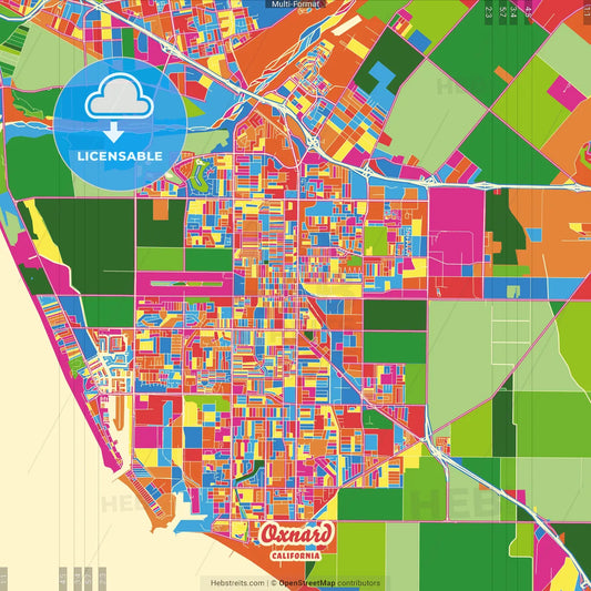 Oxnard, California, United States Crazy Colorful Street Map Poster Template
