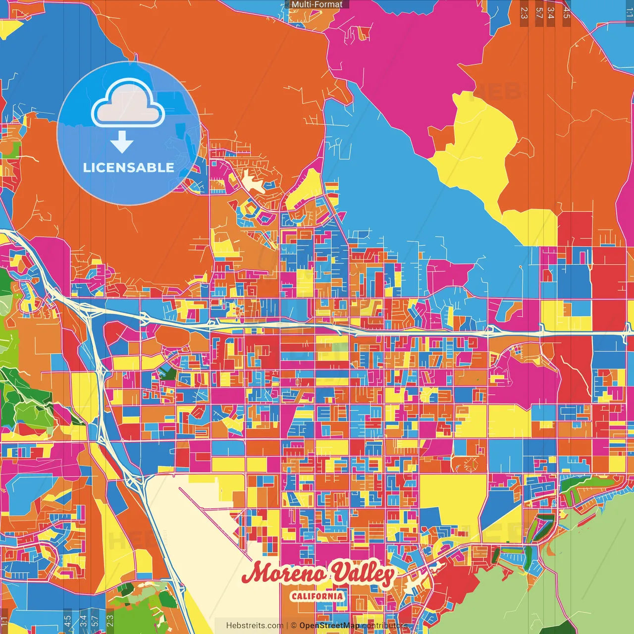 Moreno Valley, California, United States Crazy Colorful Street Map Poster Template