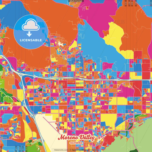Moreno Valley, California, United States Crazy Colorful Street Map Poster Template