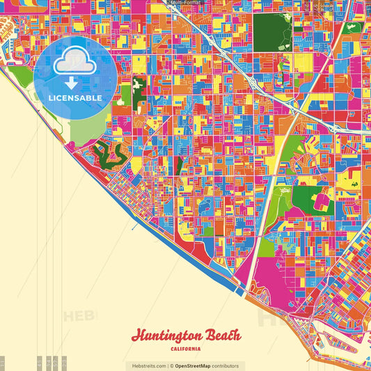 Huntington Beach, California, United States Crazy Colorful Street Map Poster Template