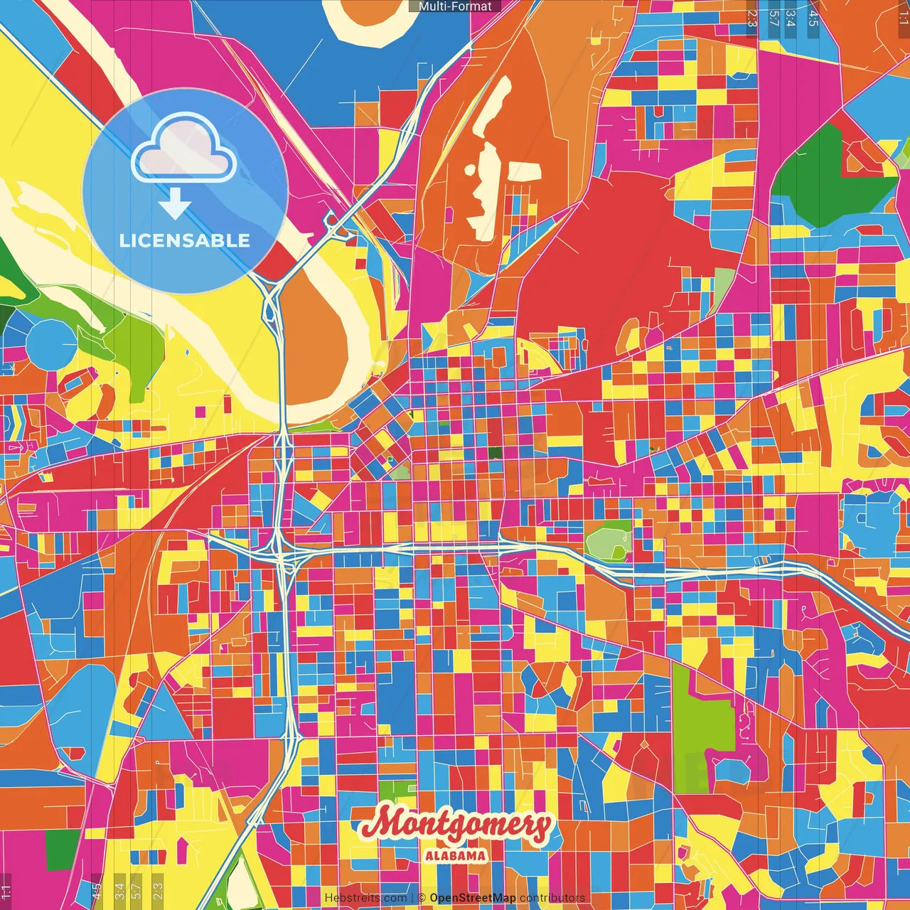 Montgomery, Alabama, United States Crazy Colorful Street Map Poster Template