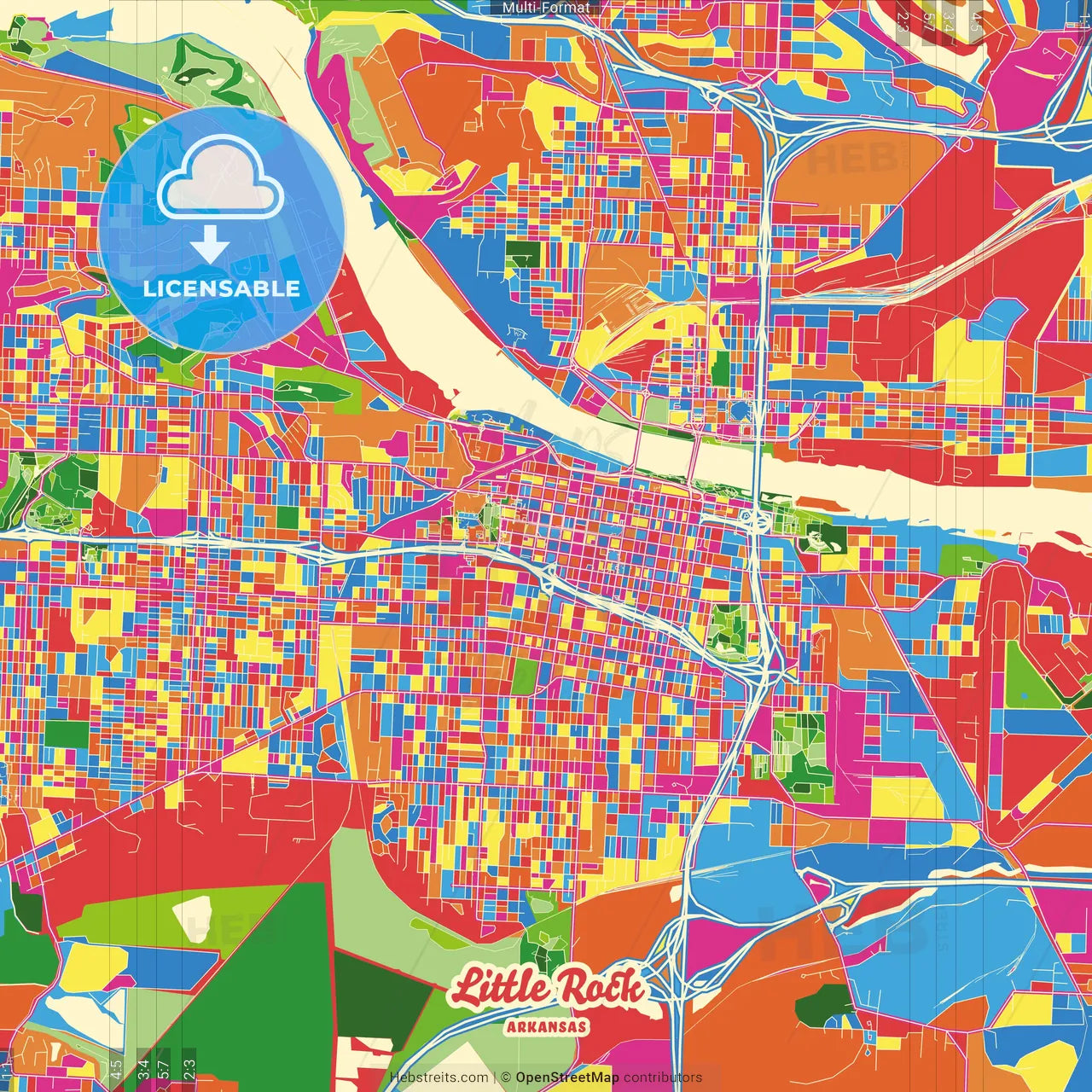 Little Rock, Arkansas, United States Crazy Colorful Street Map Poster Template