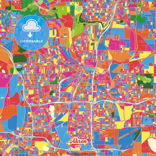 Akron, Ohio, United States Crazy Colorful Street Map Poster Template