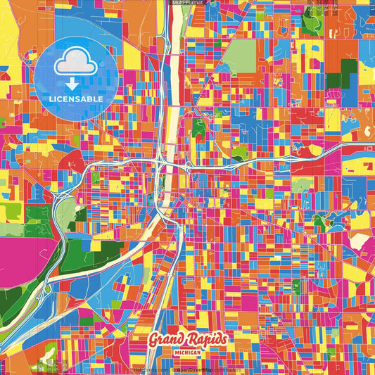 Grand Rapids, Michigan, United States Crazy Colorful Street Map Poster Template