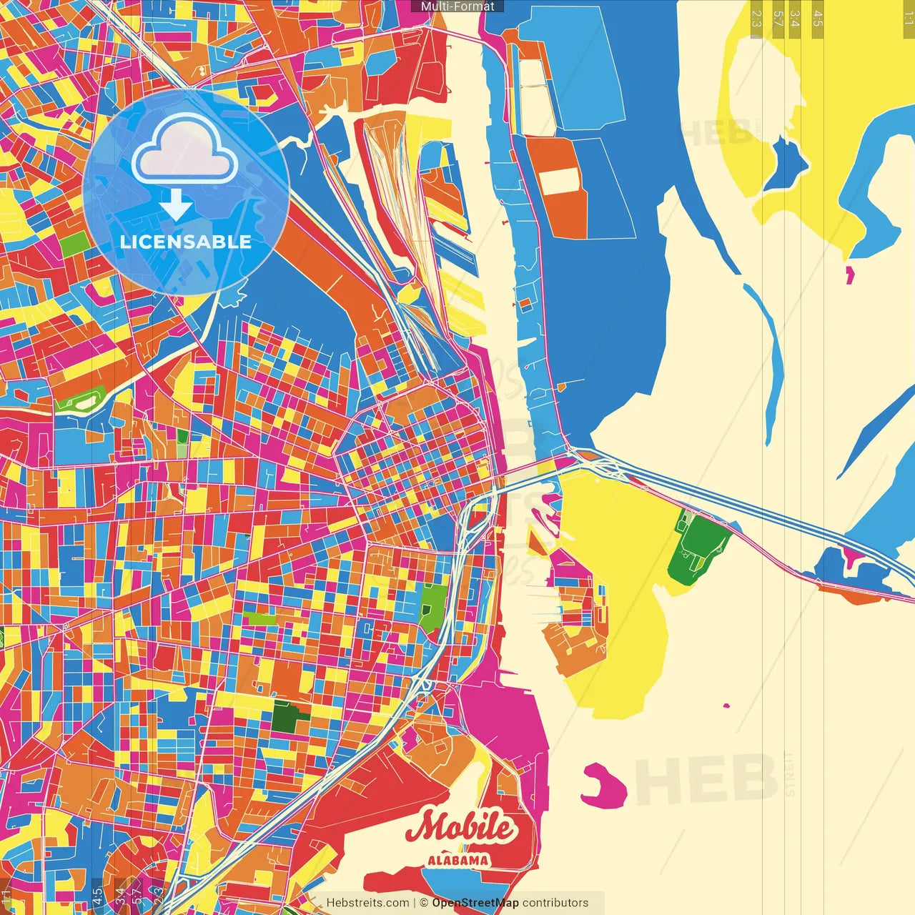 Mobile, Alabama, United States Crazy Colorful Street Map Poster Template