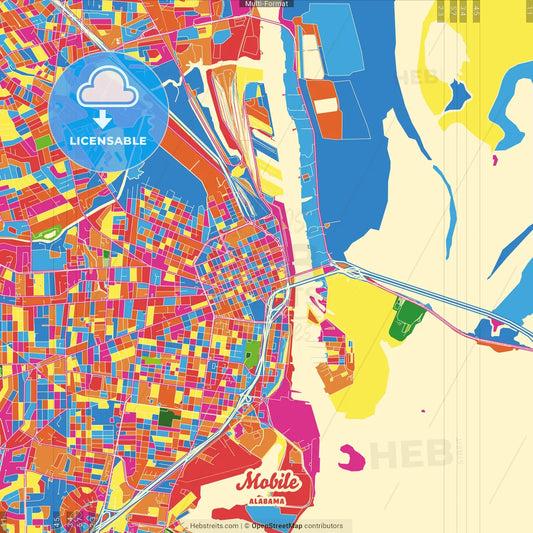 Mobile, Alabama, United States Crazy Colorful Street Map Poster Template