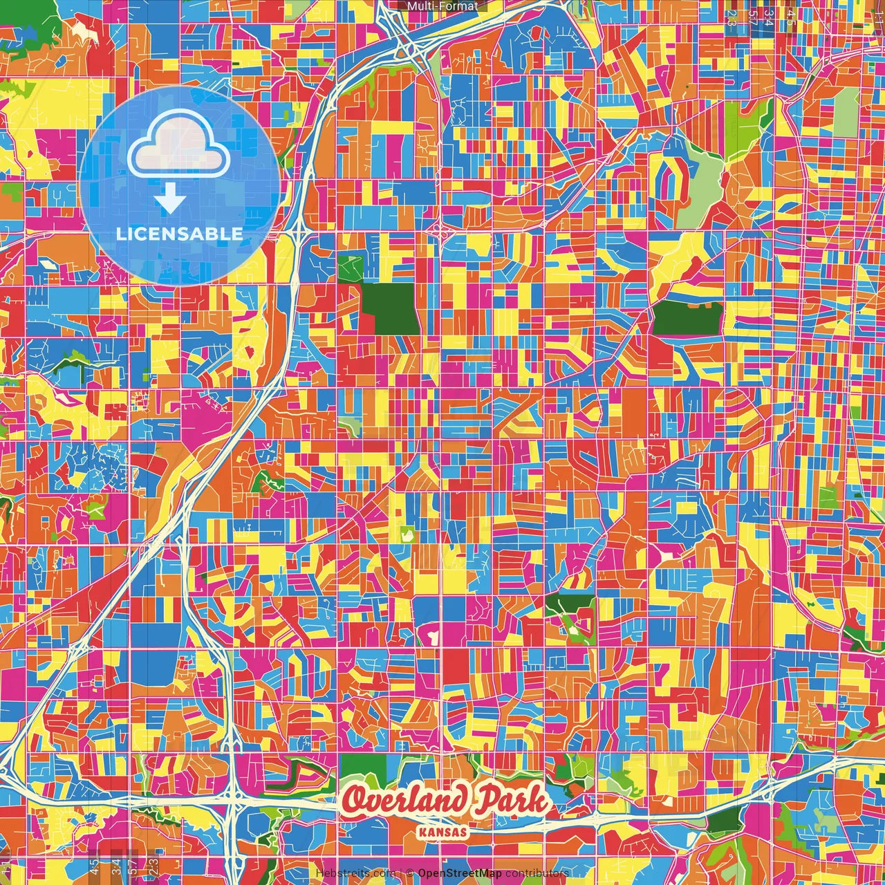Overland Park, Kansas, United States Crazy Colorful Street Map Poster Template