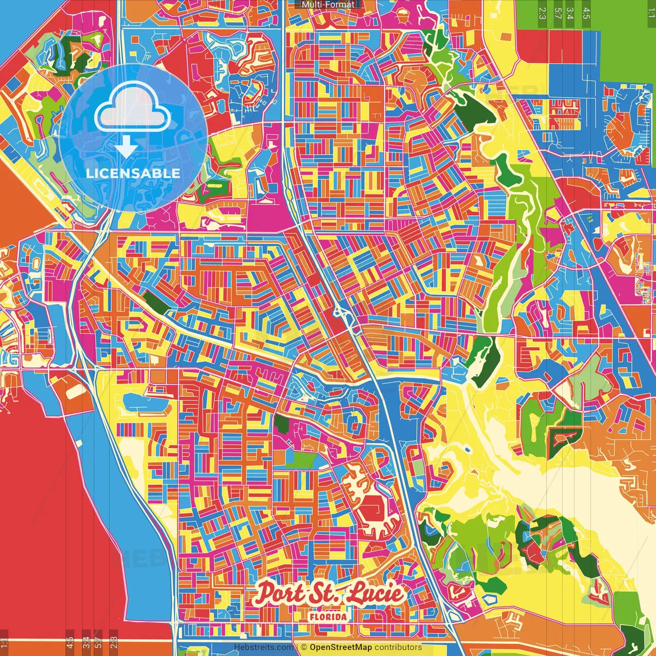 Port St. Lucie, Florida, United States Crazy Colorful Street Map Poster Template