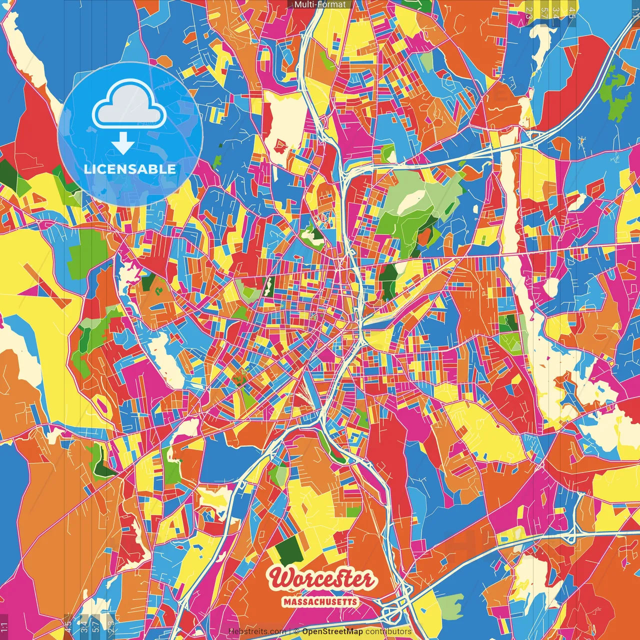 Worcester, Massachusetts, United States Crazy Colorful Street Map Poster Template