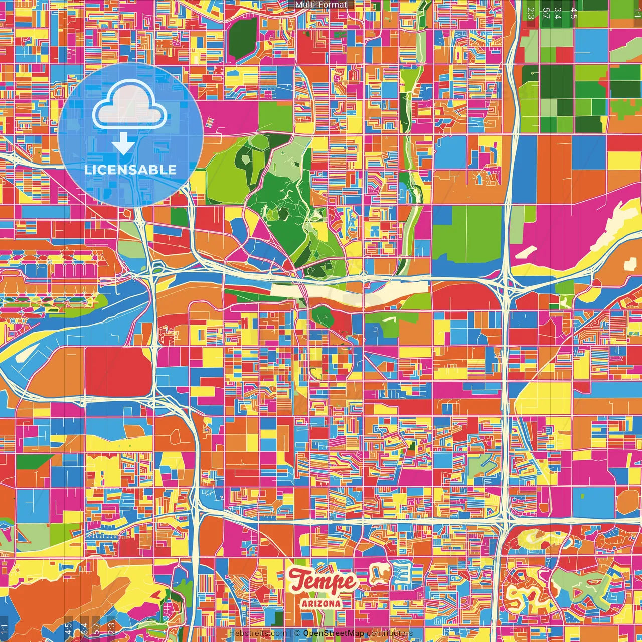 Tempe, Arizona, United States Crazy Colorful Street Map Poster Template