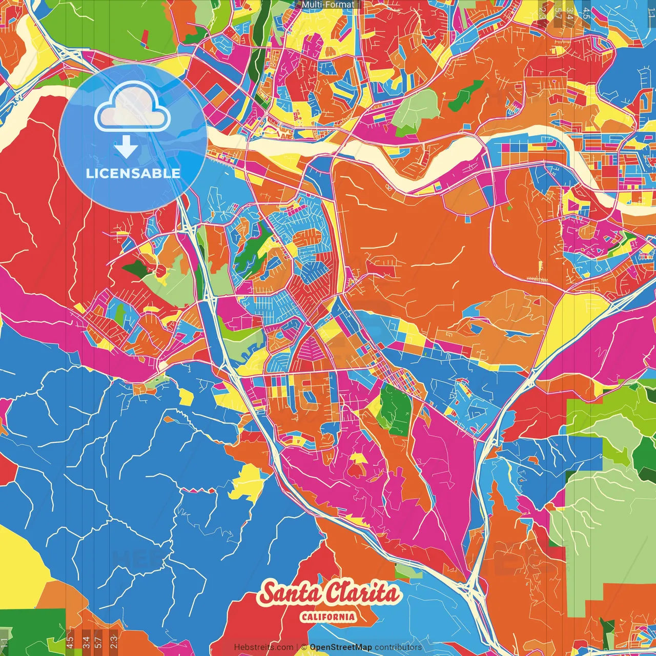 Santa Clarita, California, United States Crazy Colorful Street Map Poster Template