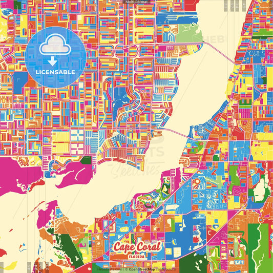 Cape Coral, Florida, United States Crazy Colorful Street Map Poster Template