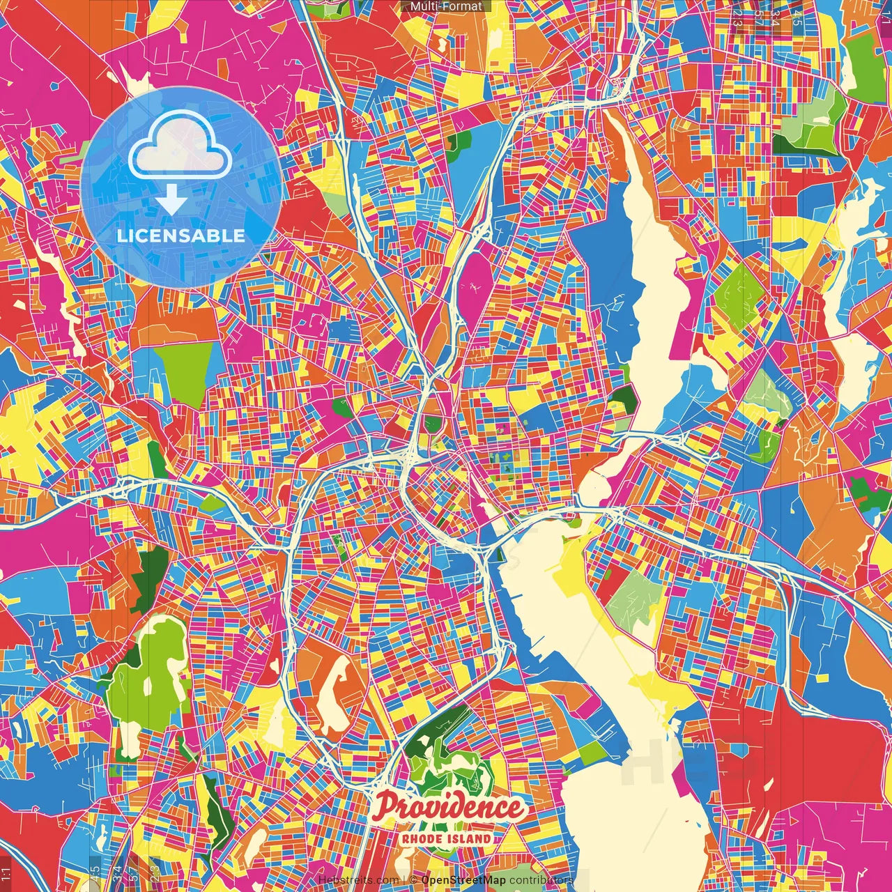 Providence, Rhode Island, United States Crazy Colorful Street Map Poster Template