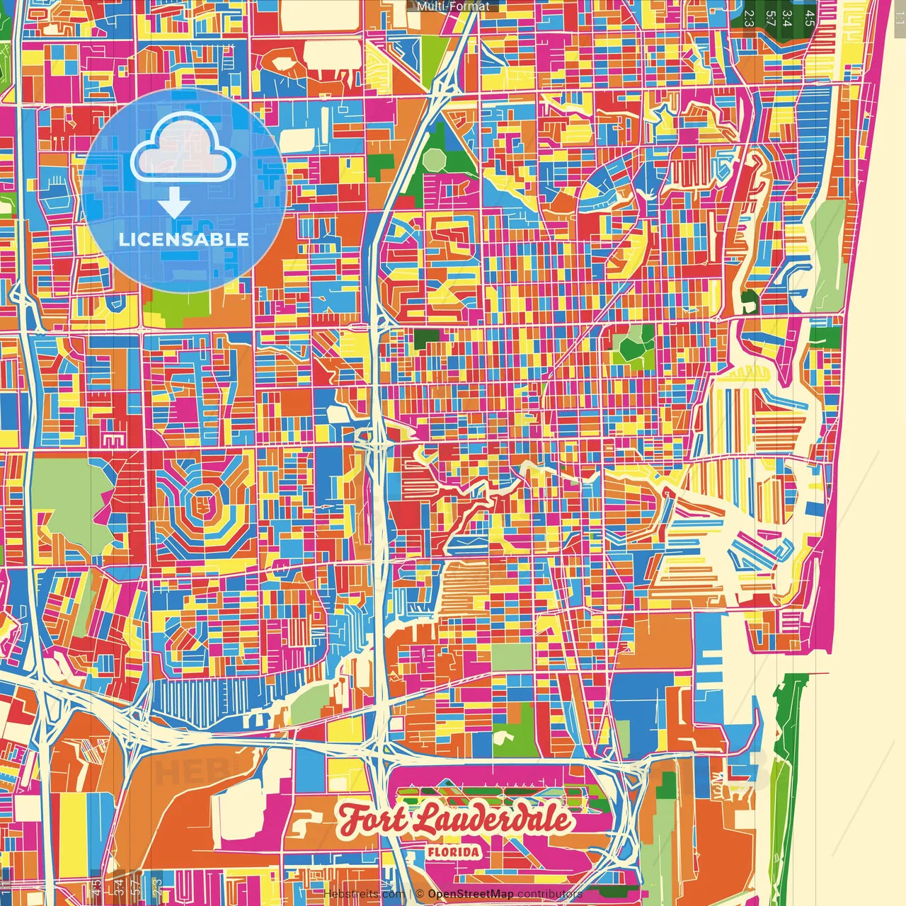 Fort Lauderdale, Florida, United States Crazy Colorful Street Map Poster Template