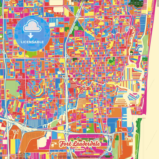 Fort Lauderdale, Florida, United States Crazy Colorful Street Map Poster Template