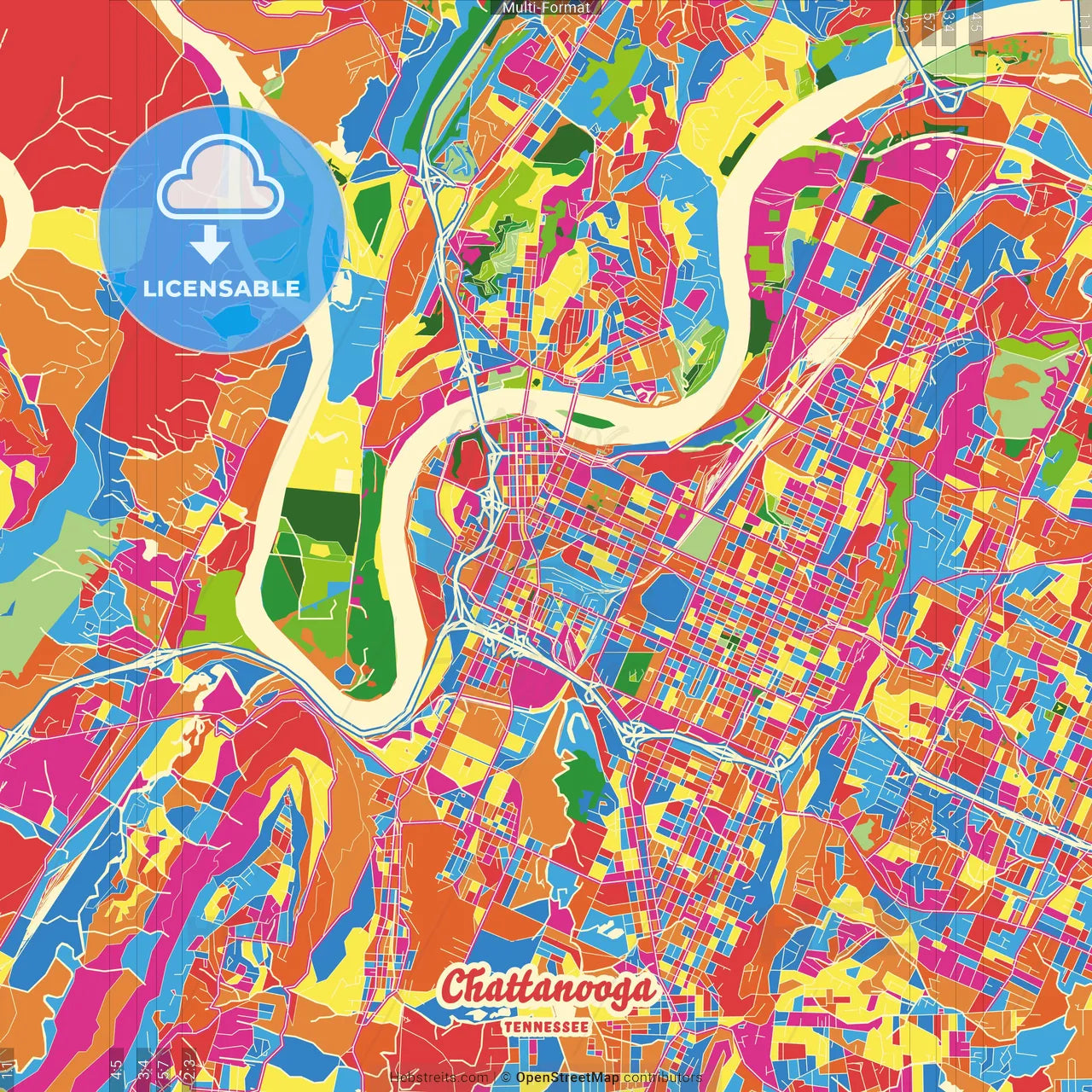 Chattanooga, Tennessee, United States Crazy Colorful Street Map Poster Template