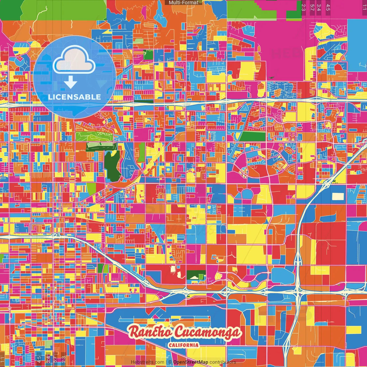 Rancho Cucamonga, California, United States Crazy Colorful Street Map Poster Template