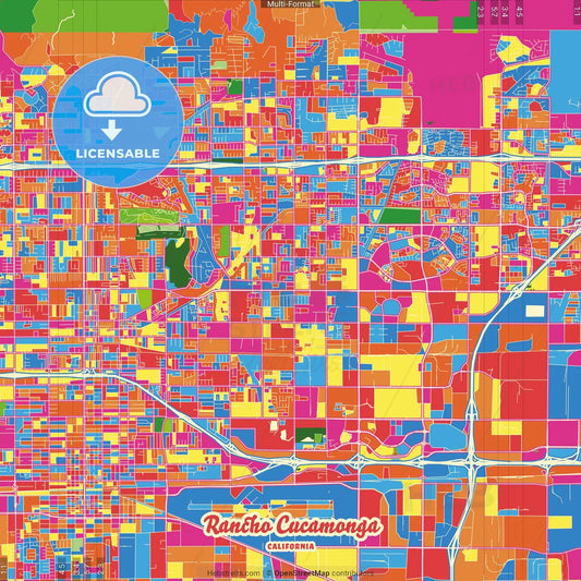 Rancho Cucamonga, California, United States Crazy Colorful Street Map Poster Template