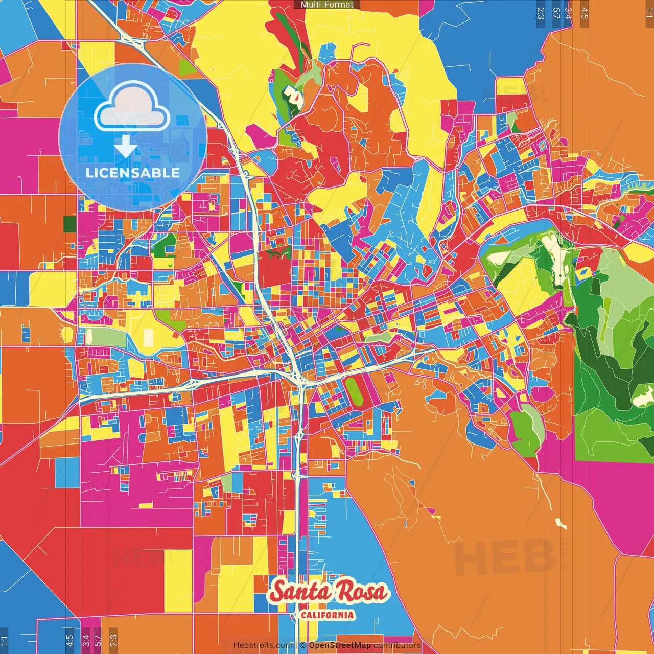 Santa Rosa, California, United States Crazy Colorful Street Map Poster Template