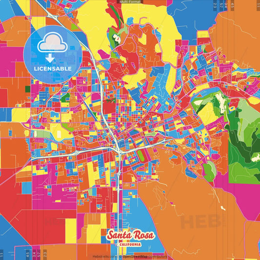 Santa Rosa, California, United States Crazy Colorful Street Map Poster Template
