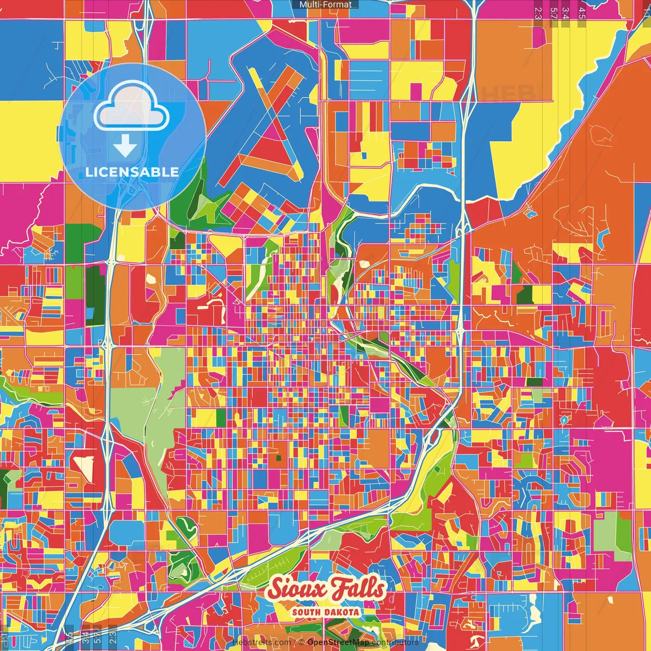 Sioux Falls, South Dakota, United States Crazy Colorful Street Map Poster Template