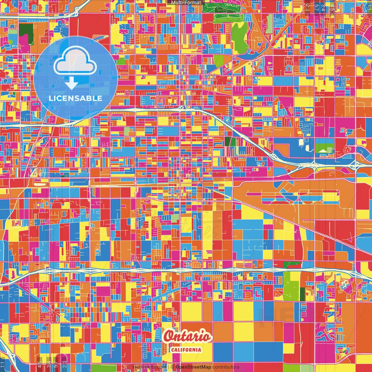Ontario, California, United States Crazy Colorful Street Map Poster Template