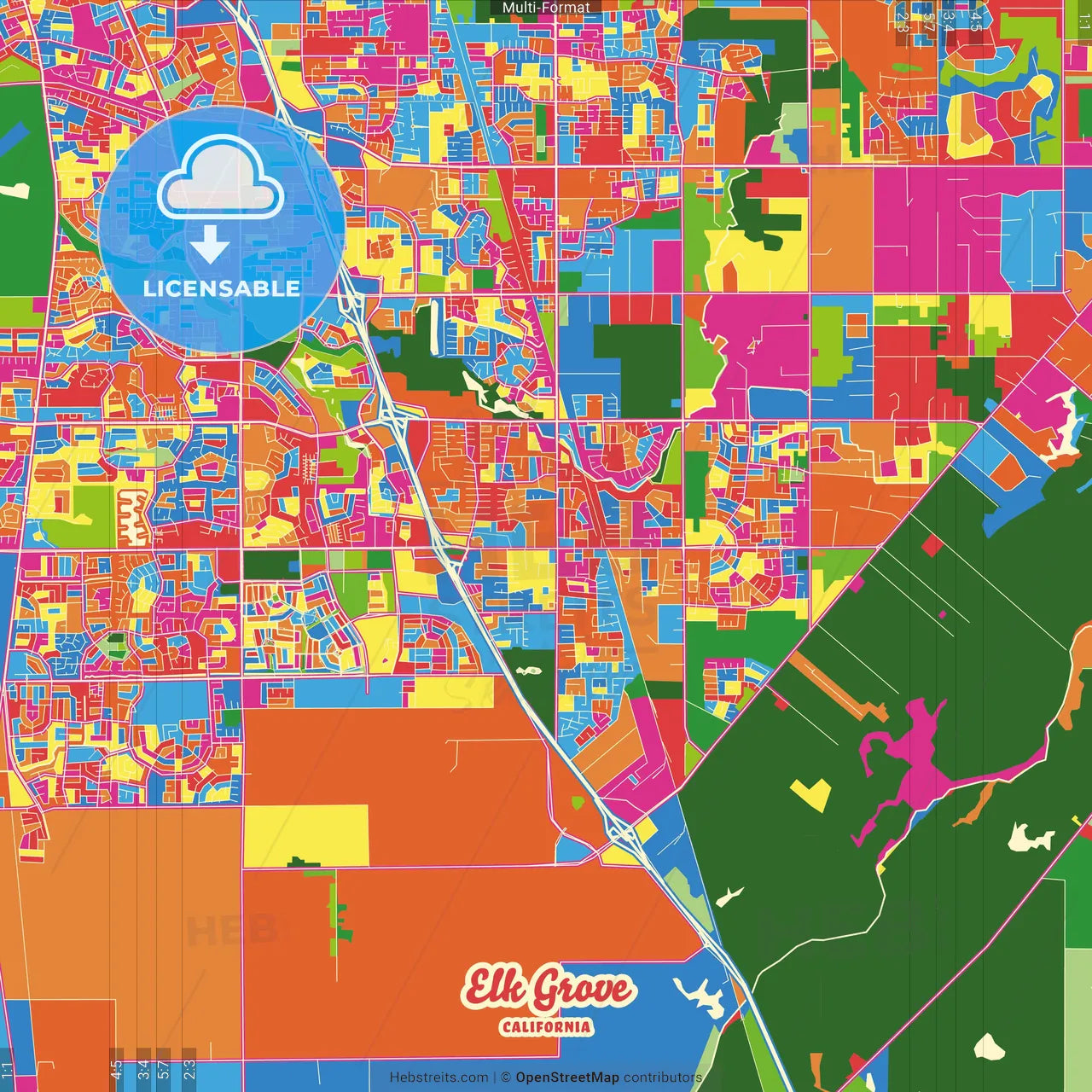 Elk Grove, California, United States Crazy Colorful Street Map Poster Template