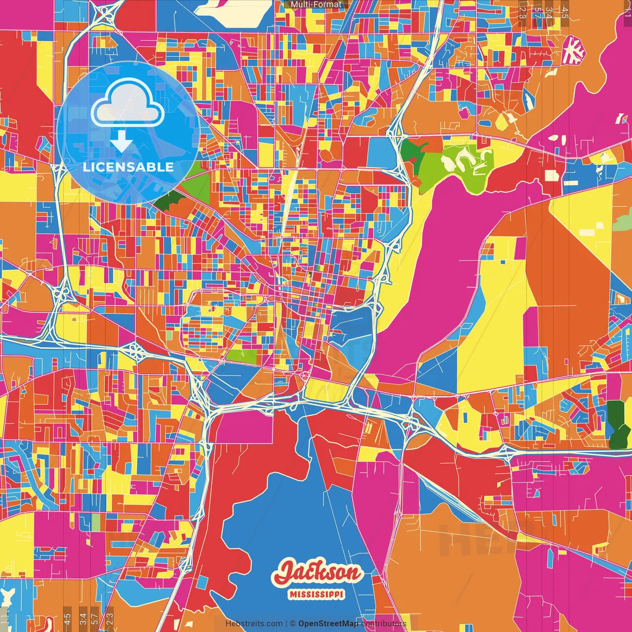 Jackson, Mississippi, United States Crazy Colorful Street Map Poster Template
