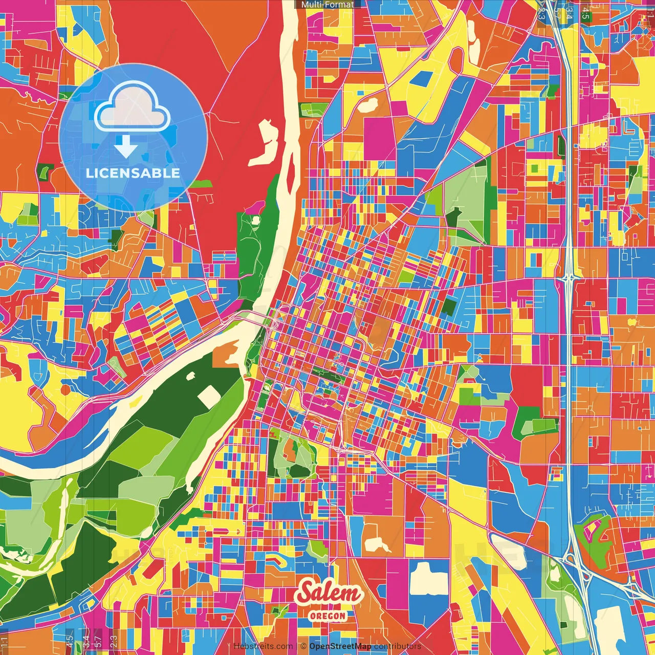 Salem, Oregon, United States Crazy Colorful Street Map Poster Template