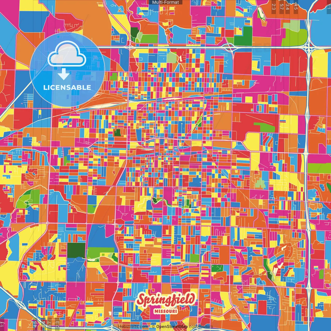 Springfield, Missouri, United States Crazy Colorful Street Map Poster Template