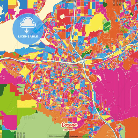 Corona, California, United States Crazy Colorful Street Map Poster Template