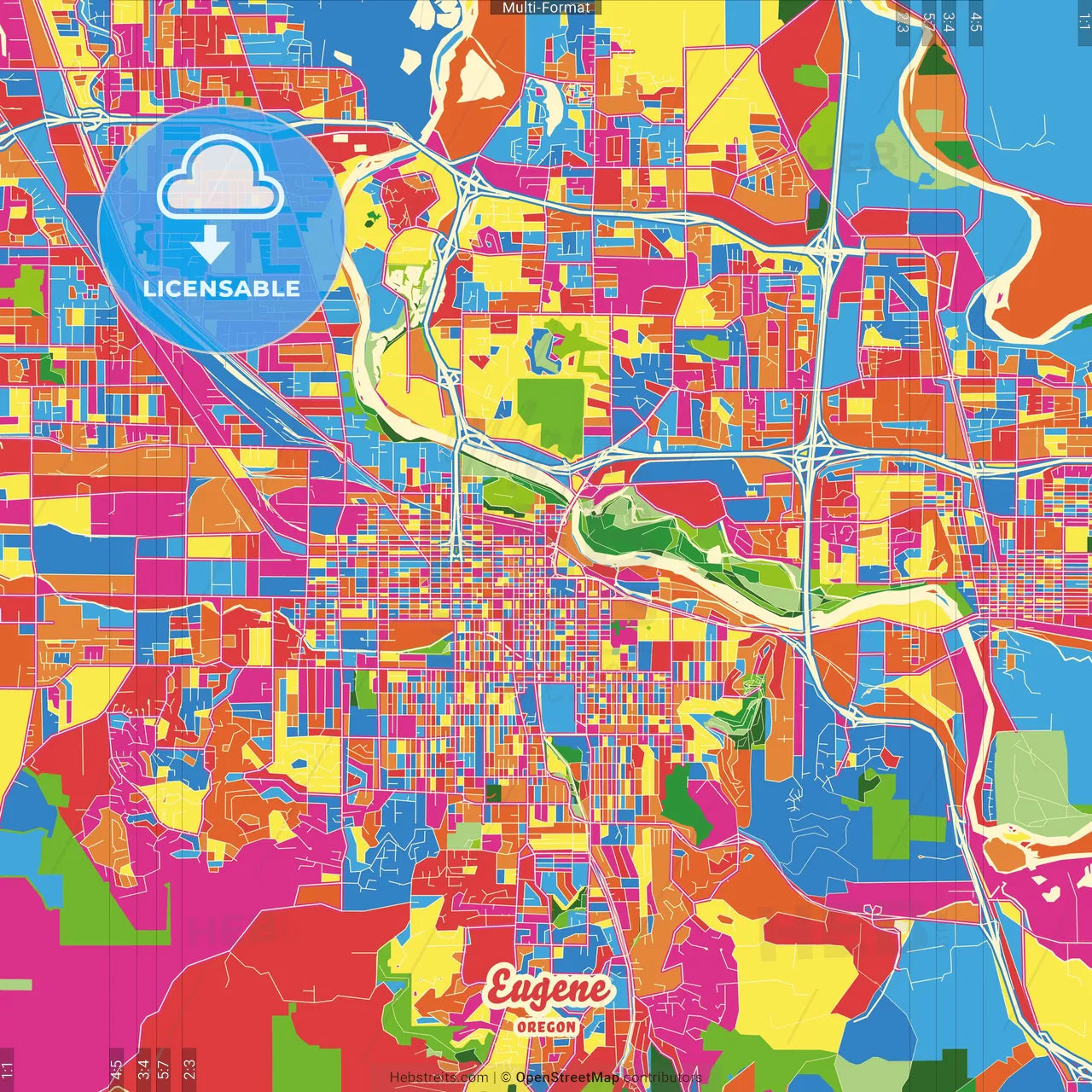Eugene, Oregon, United States Crazy Colorful Street Map Poster Template