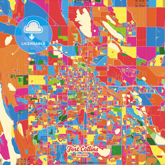 Fort Collins, Colorado, United States Crazy Colorful Street Map Poster Template