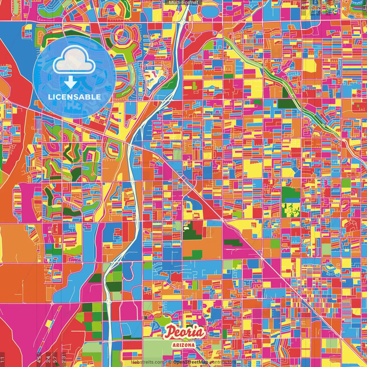Peoria, Arizona, United States Crazy Colorful Street Map Poster Template