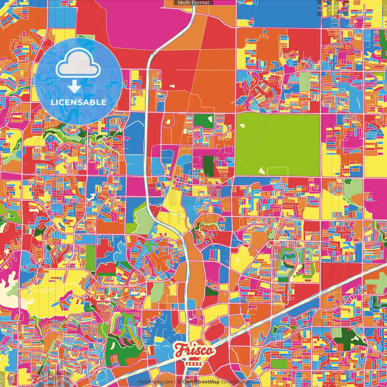 Frisco, Texas, United States Crazy Colorful Street Map Poster Template