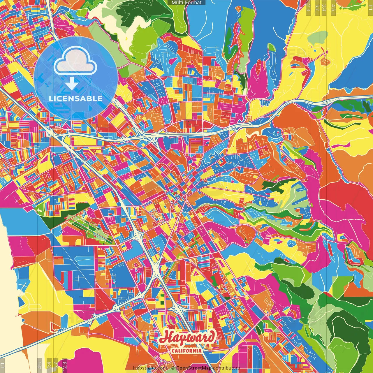 Hayward, California, United States Crazy Colorful Street Map Poster Template