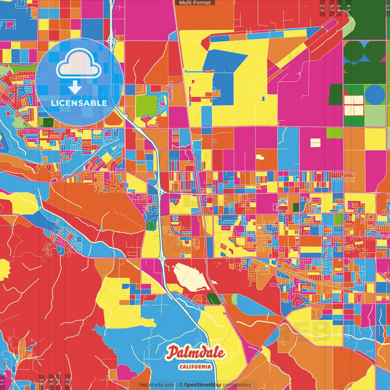 Palmdale, California, United States Crazy Colorful Street Map Poster Template