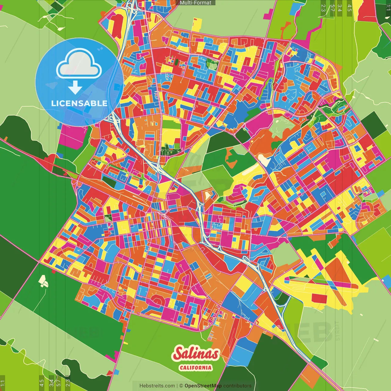 Salinas, California, United States Crazy Colorful Street Map Poster Template