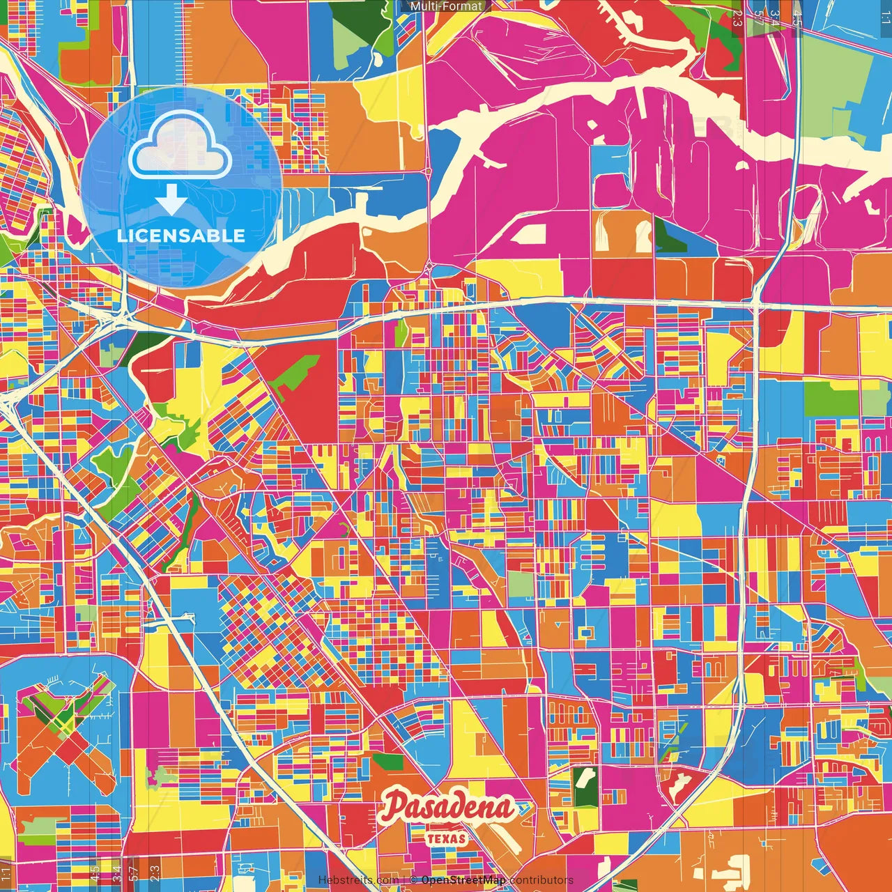 Pasadena, Texas, United States Crazy Colorful Street Map Poster Template