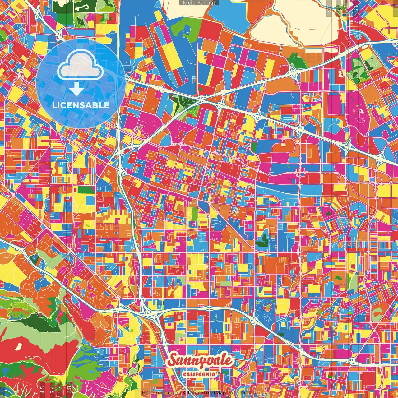 Sunnyvale, California, United States Crazy Colorful Street Map Poster Template