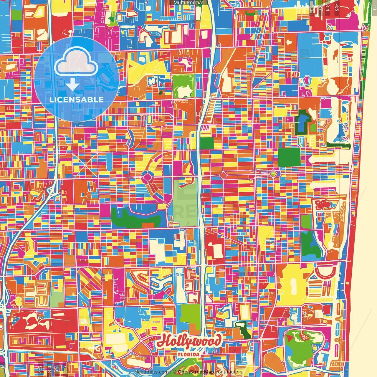 Hollywood, Florida, United States Crazy Colorful Street Map Poster Template