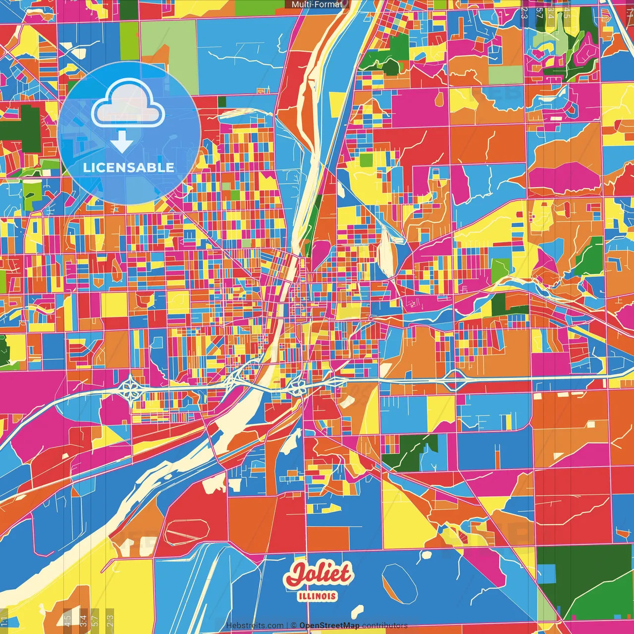 Joliet, Illinois, United States Crazy Colorful Street Map Poster Template